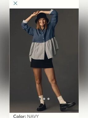 Anthropologie Striped Collared Blue Top 90s style size L